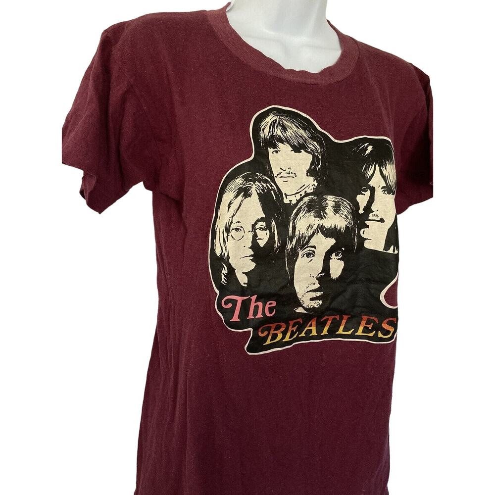 Vintage 70s Beatles Single Stitch T Shirt Small Maroon Lennon Hippie Tour Shirt - Picture 4 of 5